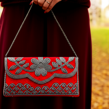 Handmade Velvet Beaded Clutch Bag with Chain Strap in Red Floral Design